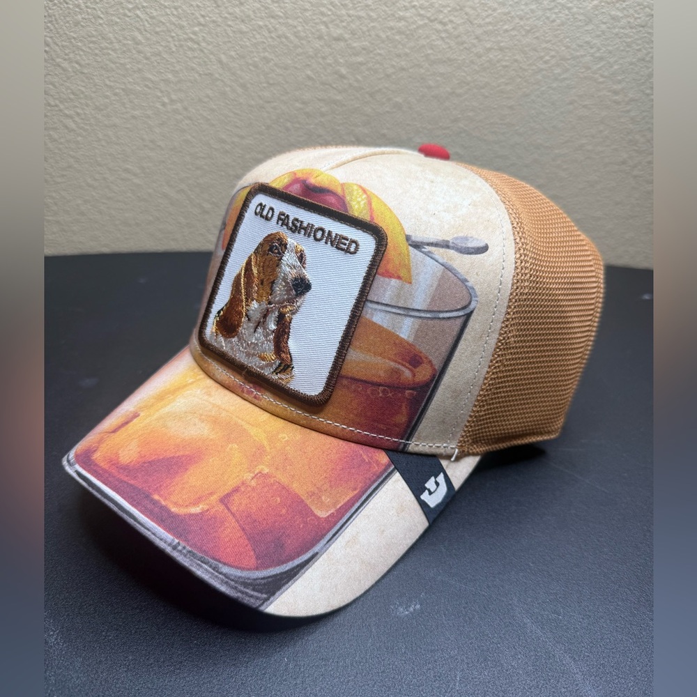Goorin Bros Old Fashioned Basset Hound Cocktail Print Trucker Snapback Hat Tan